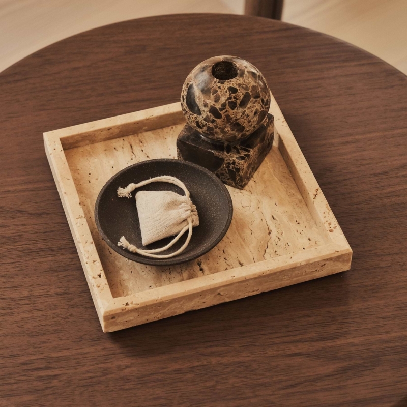 Square Travertine Decorative Tray Porous Texture Organic Modern