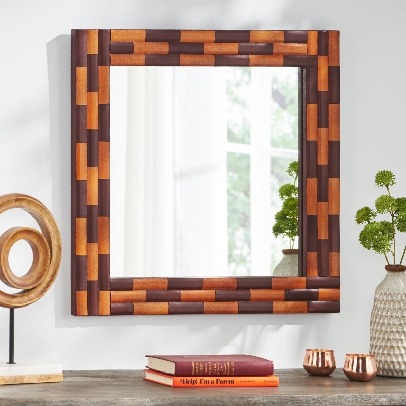 Square Wall Mirror with Antique Yellow Leather Like Frame and Rivets