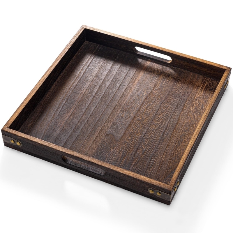 Square Wood Serving Tray with Black Metal Handles