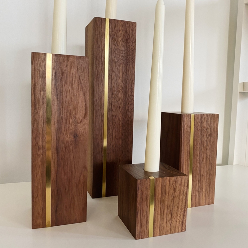 Staggered Wood Candlestick Holder Trio, Brass Accents, Mid-Century Set