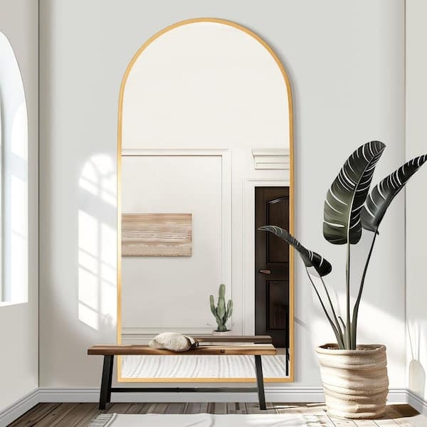 Standing Floor Mirror with Oversized Gold Metal Arched Frame
