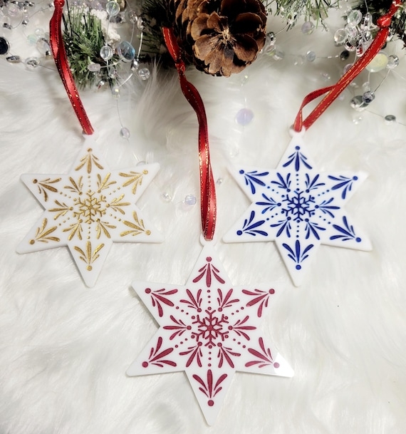 Star Ornament Hand Painted Nordic Folk Art Blue White Wood Farmhouse