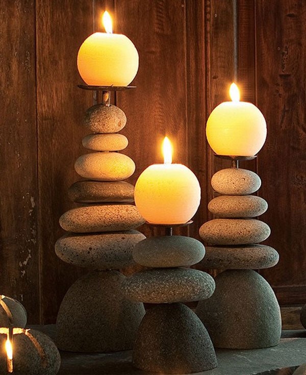 Stone Candle Holder Set, Stacked Cairn Design, Zen Minimalist Style