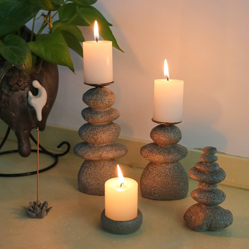 Stone Candle Holder Set, Stacked Cairn Silhouette, Zen Rustic Style