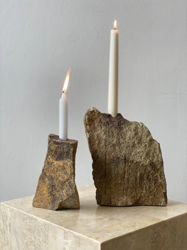 Stone Candlestick Pair, Asymmetrical Form, Brutalist Style
