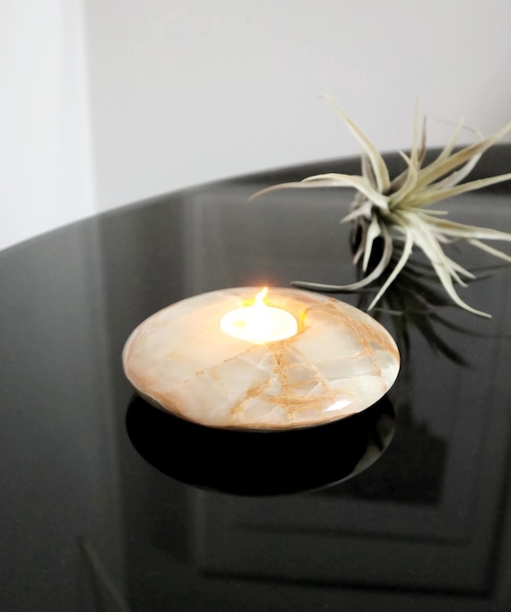Stone Tealight Holder Disc Silhouette Natural Veining Organic Beige