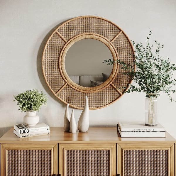Sunburst Round Wall Mirror with Woven Rattan Frame, Natural Boho Style