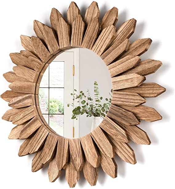 Sunburst Wall Mirror with Multi Tonal Wood Slats, Boho Decor