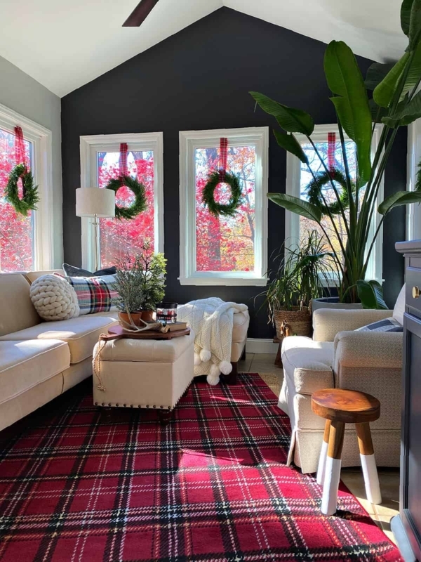 Sunroom Window Wreaths Displayed with Ribbons in Natural Light