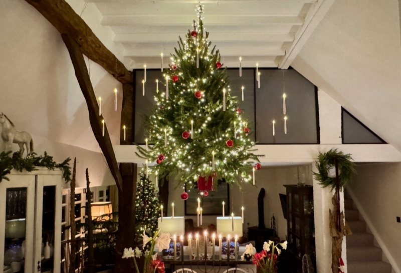 Suspended Christmas Tree Rustic Modern Exposed Beams Fireplace