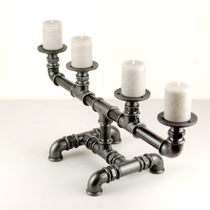 T-Joint Industrial Pipe Candle Holder Dual Wood Base