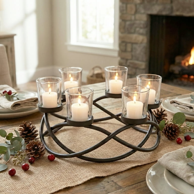 Table Centerpiece Modern Iron Ring Black Six Light Votive Holder