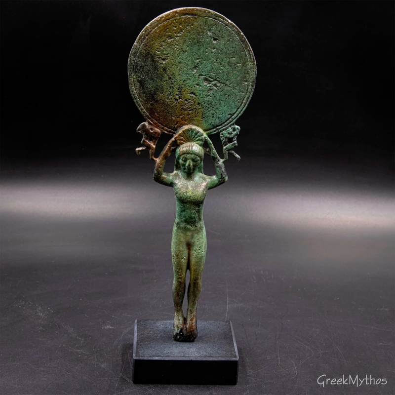 Table Mirror Figurative Sculpture Verdigris Finish, Classical Greek.