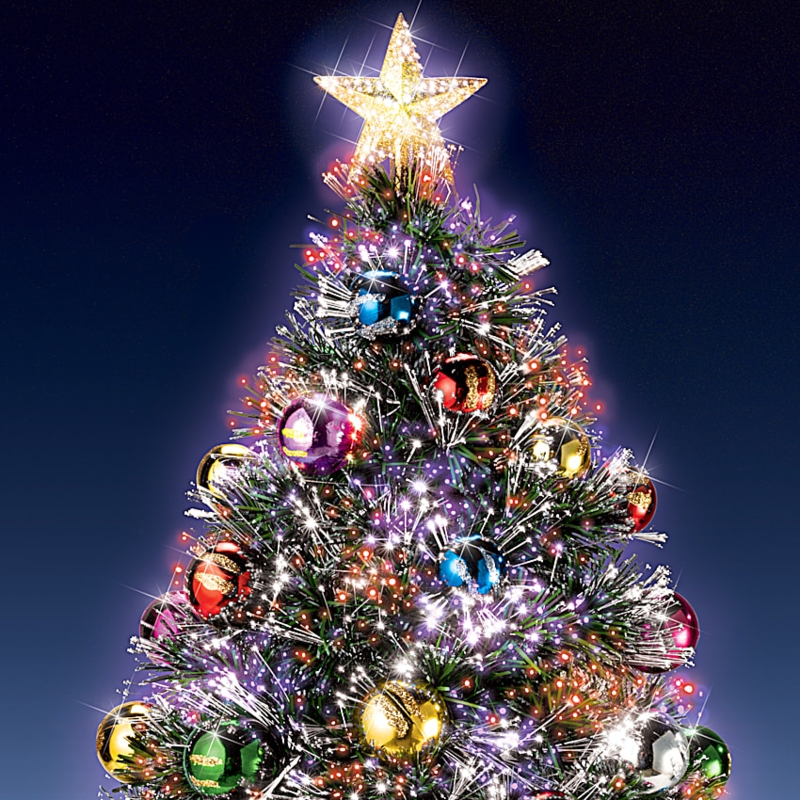 Tabletop Christmas Tree, Fiber Optic Miniature Village and Rotating Base