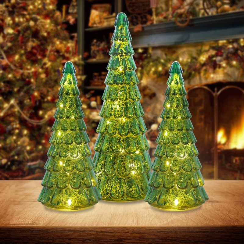 Tabletop Christmas Tree Glowing Glass Set Crackle Finish Gold LED