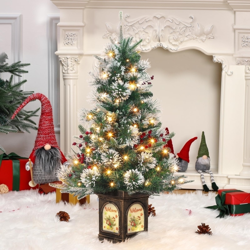 Tabletop Christmas Tree, Pre-Lit, Bell-Adorned Pedestal Base
