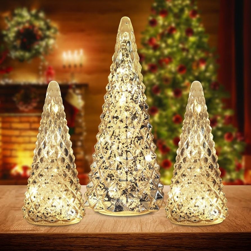 Tabletop Christmas Tree Pre-Lit Gold Glass Trio Mercury Finish