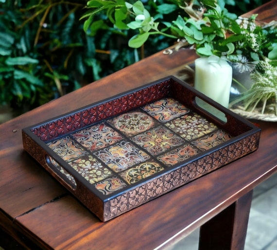 Talavera Serving Tray Tile Inlay Dark Wood Metal Handles Rustic Style