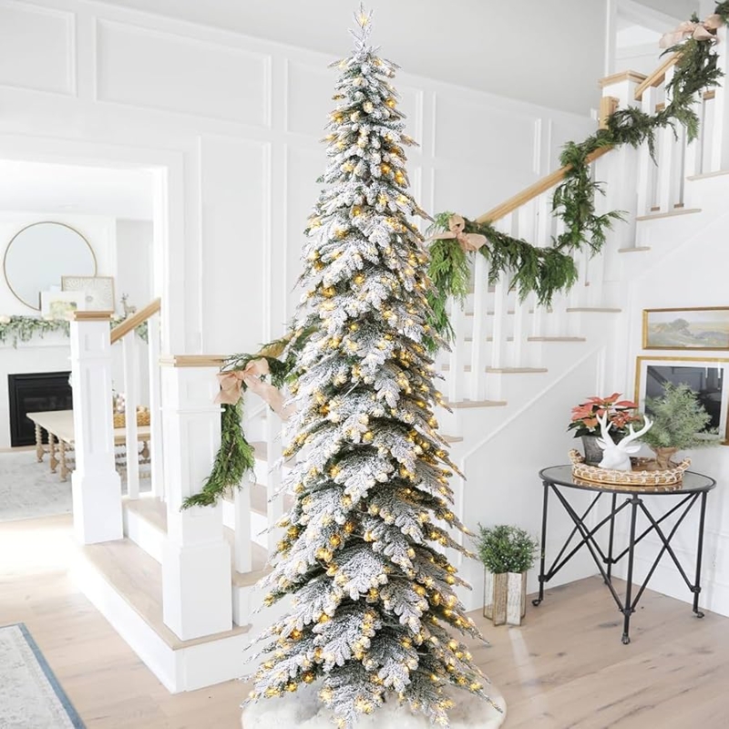 Tall 11 Foot Pencil Christmas Tree Flocked Minimalist Scandi Decor