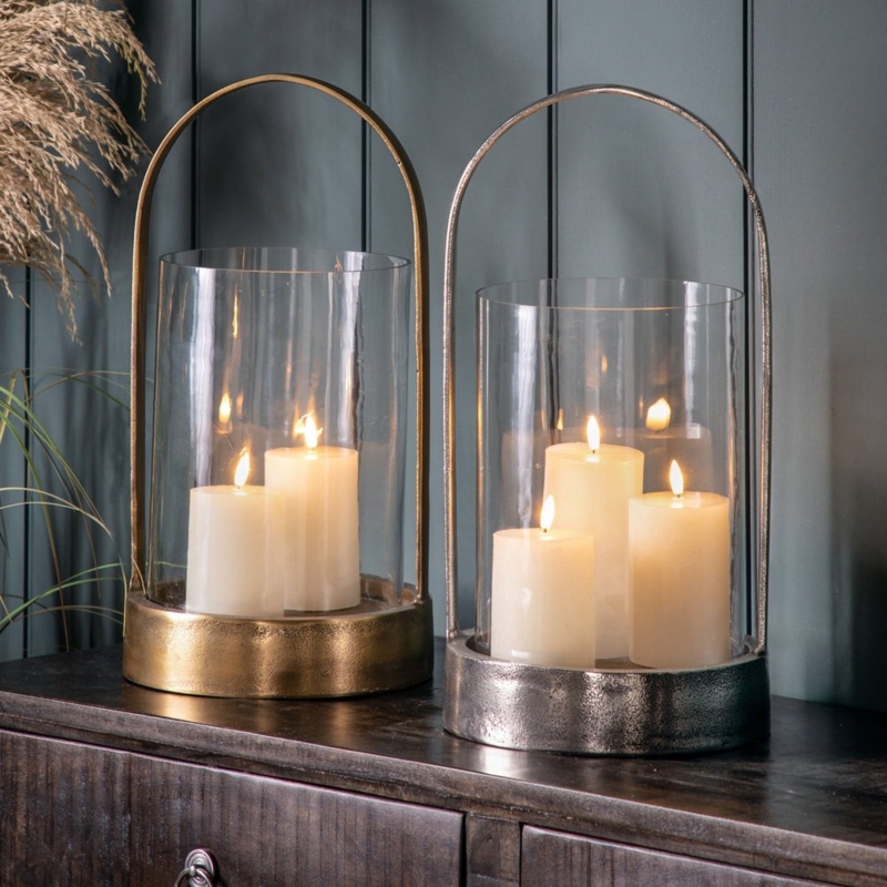 Tall Antique Brass Hurricane Lantern with Oversized Hoop Handle