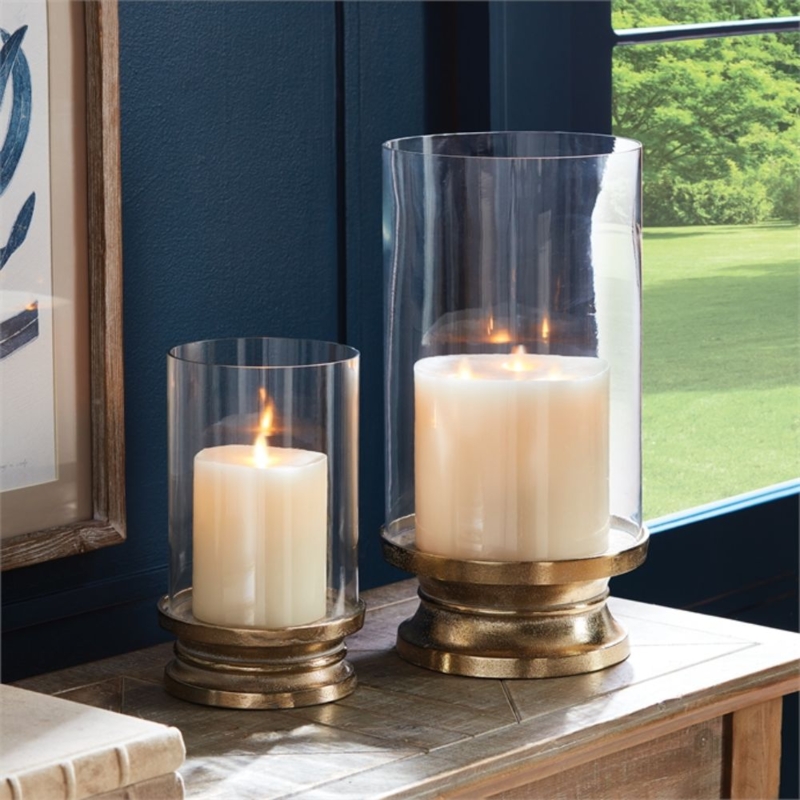Tall Brass Hurricane Holder with Antique Finish and Square Stepped Base