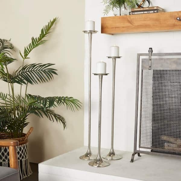 Tall Candle Holder Set Polished Silver Metal Tiered Pedestal Base