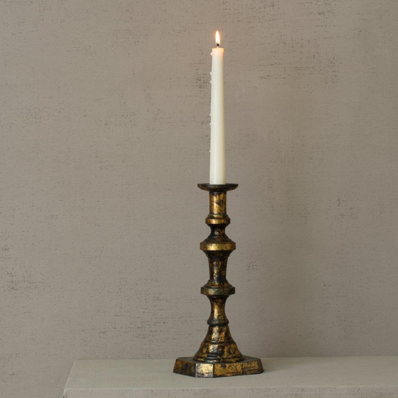 Tall Distressed Cream Candlestick Holder Pair with Ornate Scrollwork