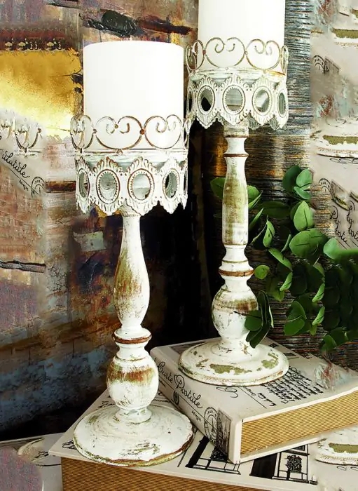 Tall French Candlesticks with Square Tiered Bases, Distressed