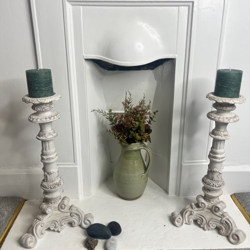 Tall French Floor Candleholders Pair, Distressed Spindle Design