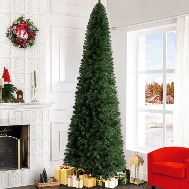Tall Pencil Christmas Tree, Dense Foliage, Warm Ambient Light, Slim Profile