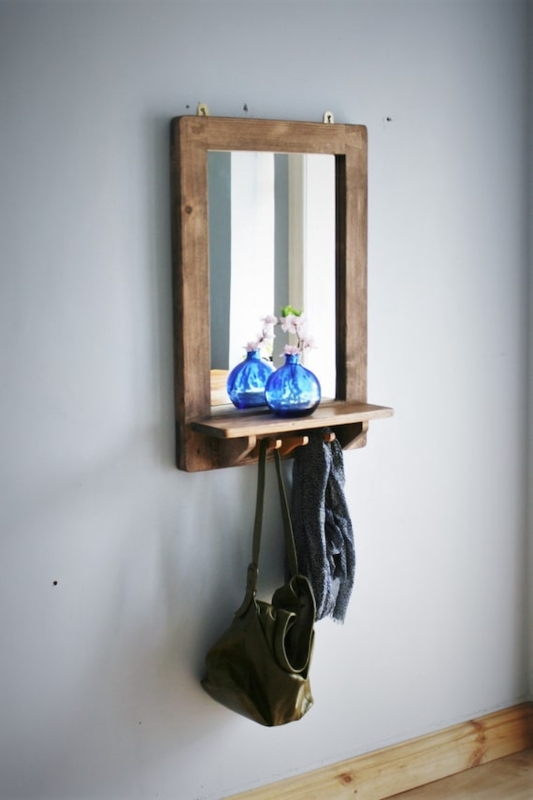 Tall Rustic Dark Wood Hall Mirror with Integrated Shelf and Hooks
