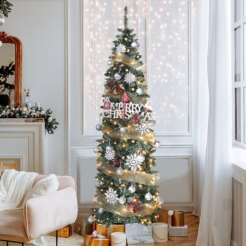 Tall Skinny Pre-Lit Pine Christmas Tree Traditional Corner Decor