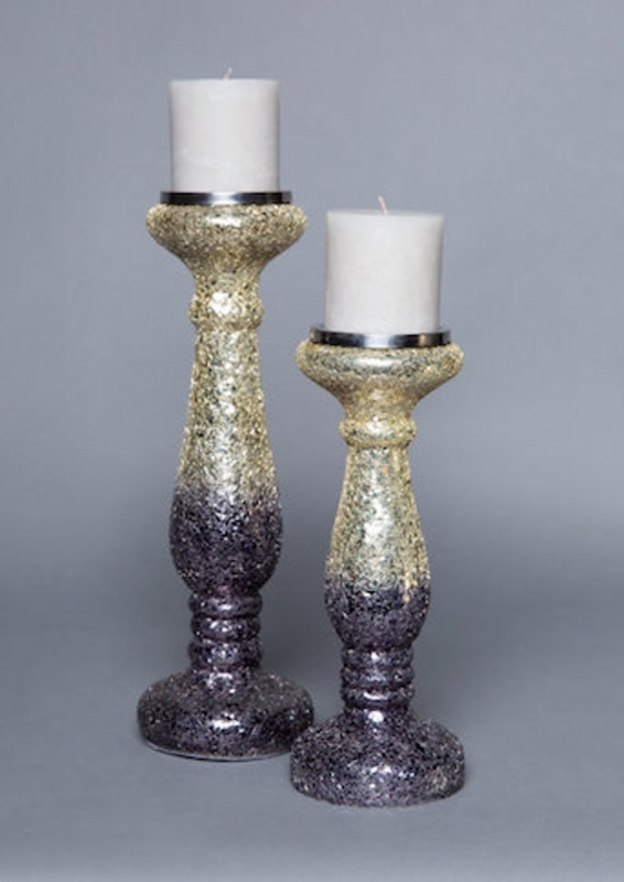 Tall Spindle Candle Holder Dark Grey Crackled Finish Rustic Style