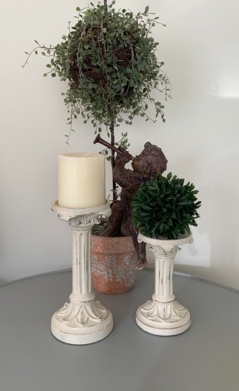 Tall Turned Pillar Candleholders, Carved Leaf Base and Spike