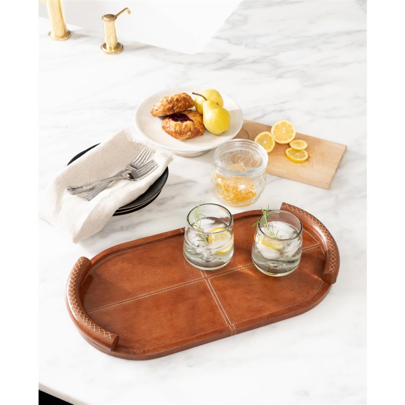 Tan Leather-Like Oval Tray with Contrasting Dark Pebbled Interior