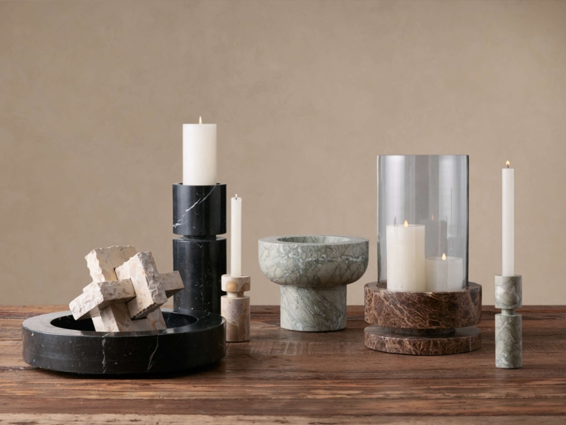 Taper Candle Holder Brown Marble Biomorphic Form Polished Finish