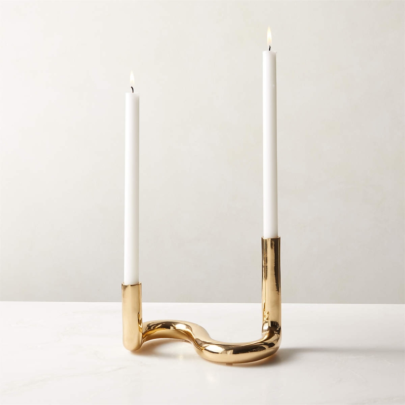 Taper Candle Holder Brushed Brass U-Shape Double, Architectural Decor