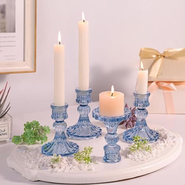 Taper Candle Holder Cobalt Blue Glass Faceted Base Ribbed Texture