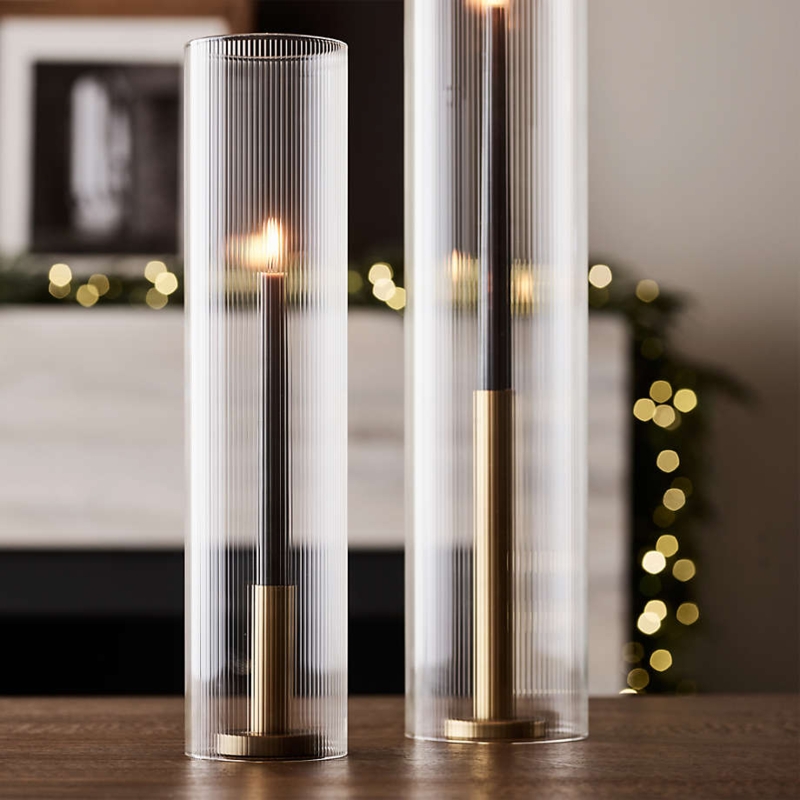 Taper Candle Holder Fluted Glass Sleeve Brushed Brass Base Modern Glam