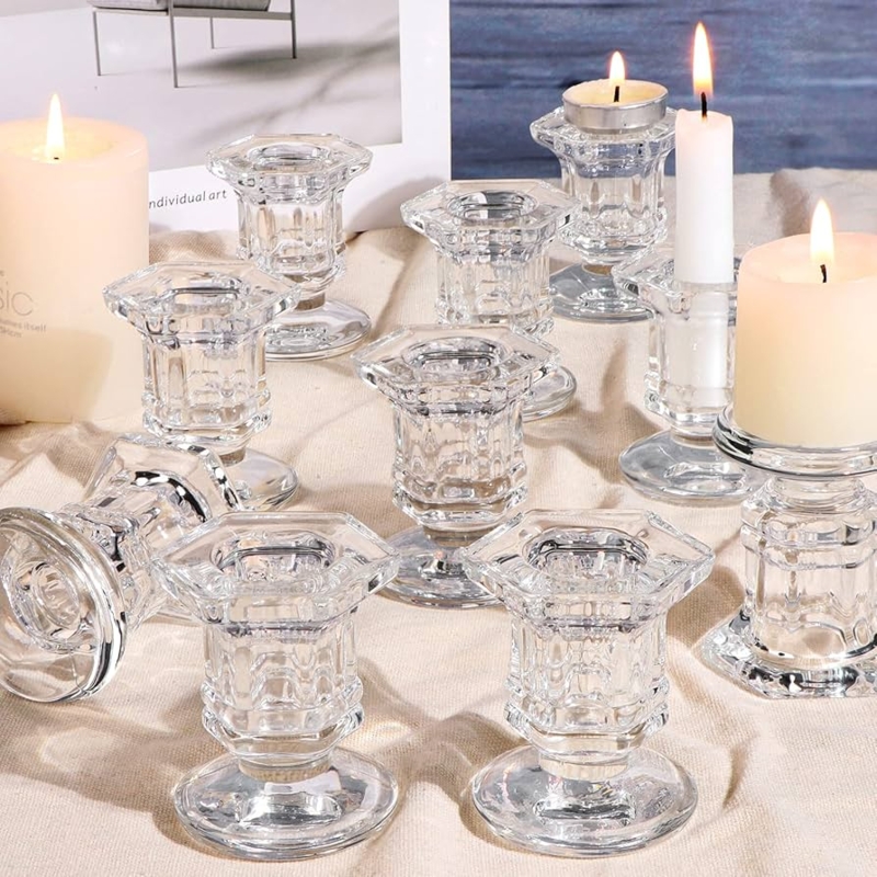 Taper Candle Holder Glass Multi Faceted Crystal Like Elegant Centerpiece
