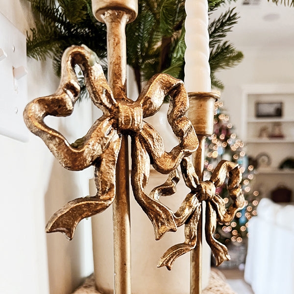 Taper Candle Holder Pair Cast Iron Texture Bow Motif Antique Gold