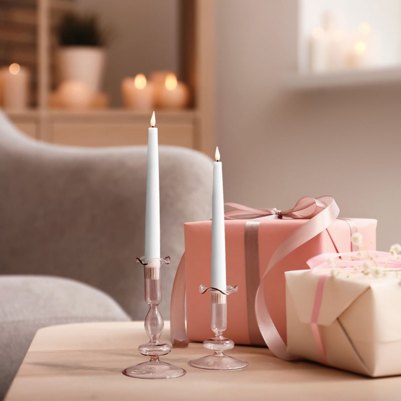 Taper Candle Holder Pair with Staggered Heights and Ribbed Glass