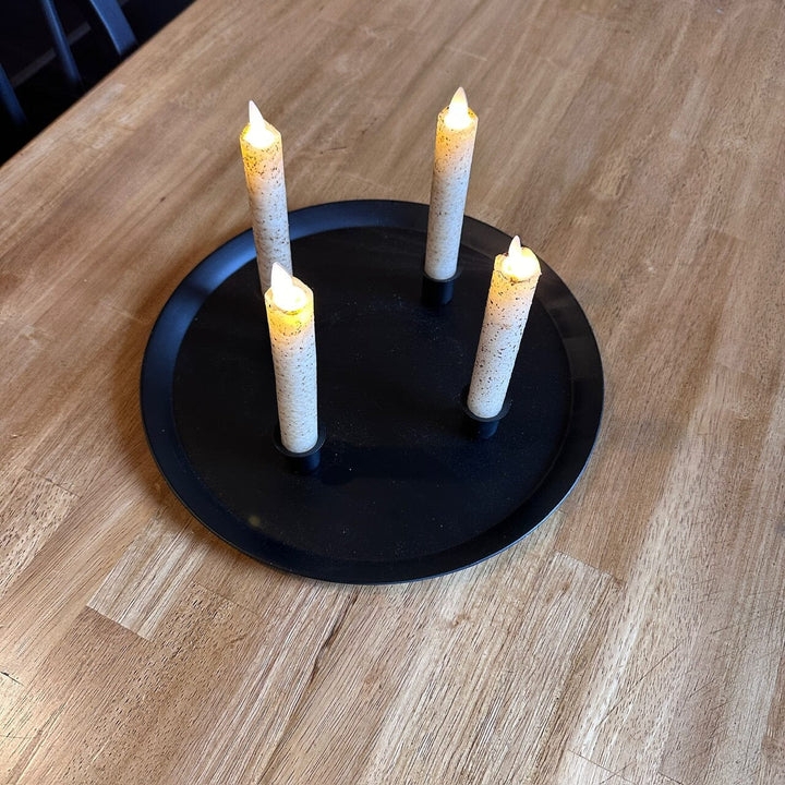 Taper Candle Holder Primitive Tray, Aged Metal Finish Farmhouse Decor.