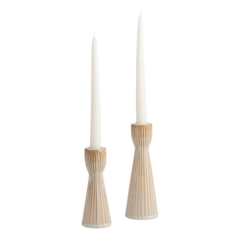 Taper Candle Holder, Ribbed Texture, Flared Silhouette, Ceramic.