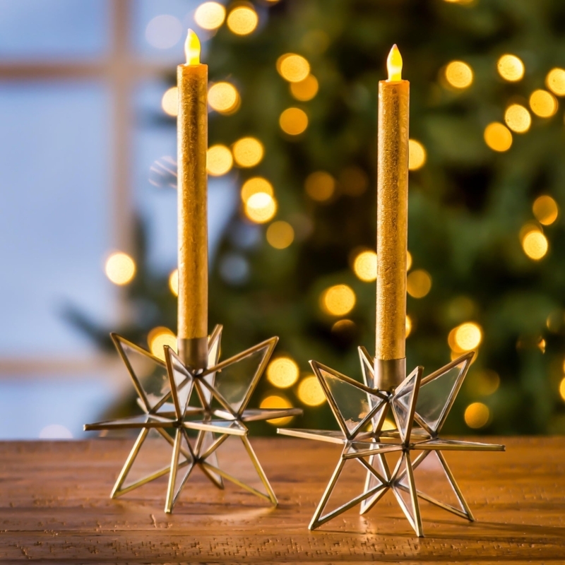 Taper Candle Holder Set, Brass Moravian Star Base for Mantel.