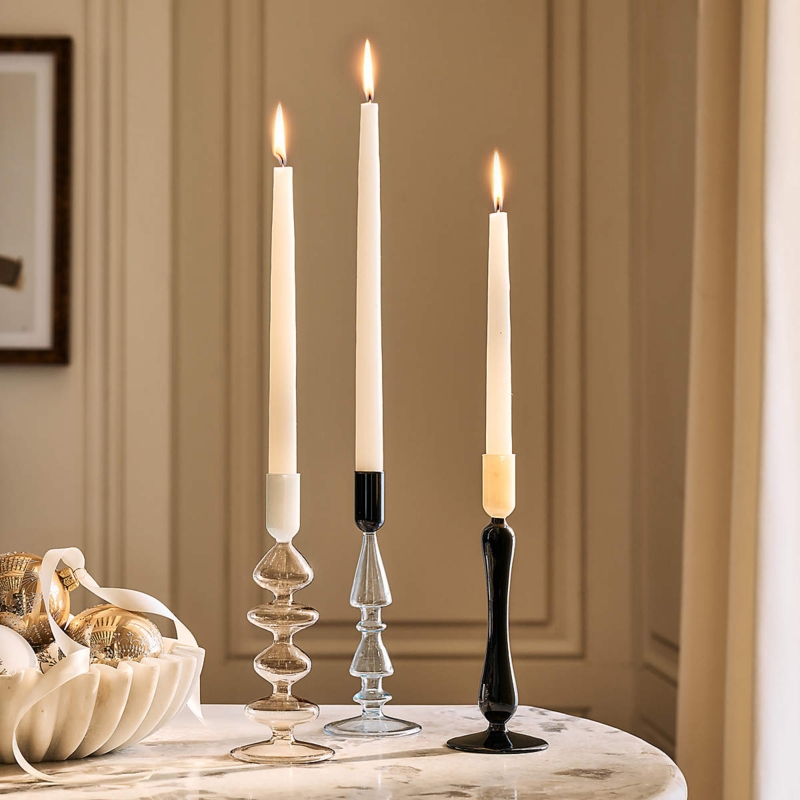 Taper Candle Holder Set Cool Toned Glass Tiered Geometric Base