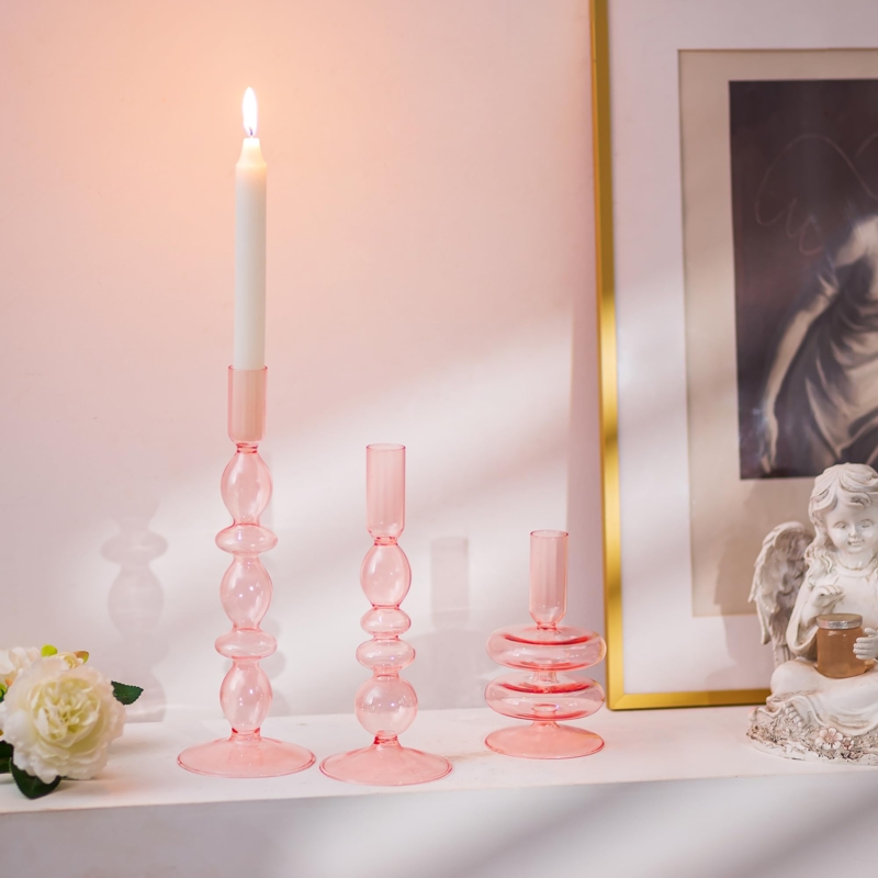 Taper Candle Holder Set in Ribbed Glass with Graduated Heights