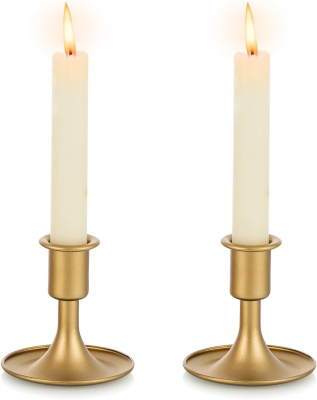 Taper Candle Holder Set Polished Gold Slim Silhouette Modern Mantel Decor