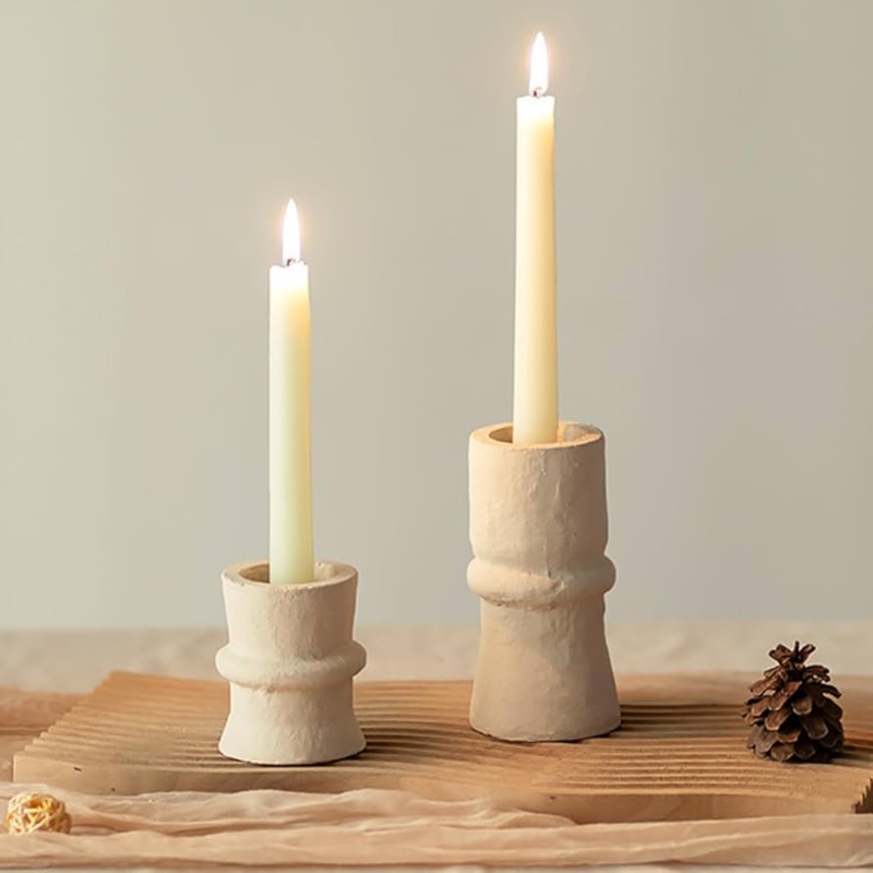 Taper Candle Holder Set White Textured Plaster Like Finish Boho Decor