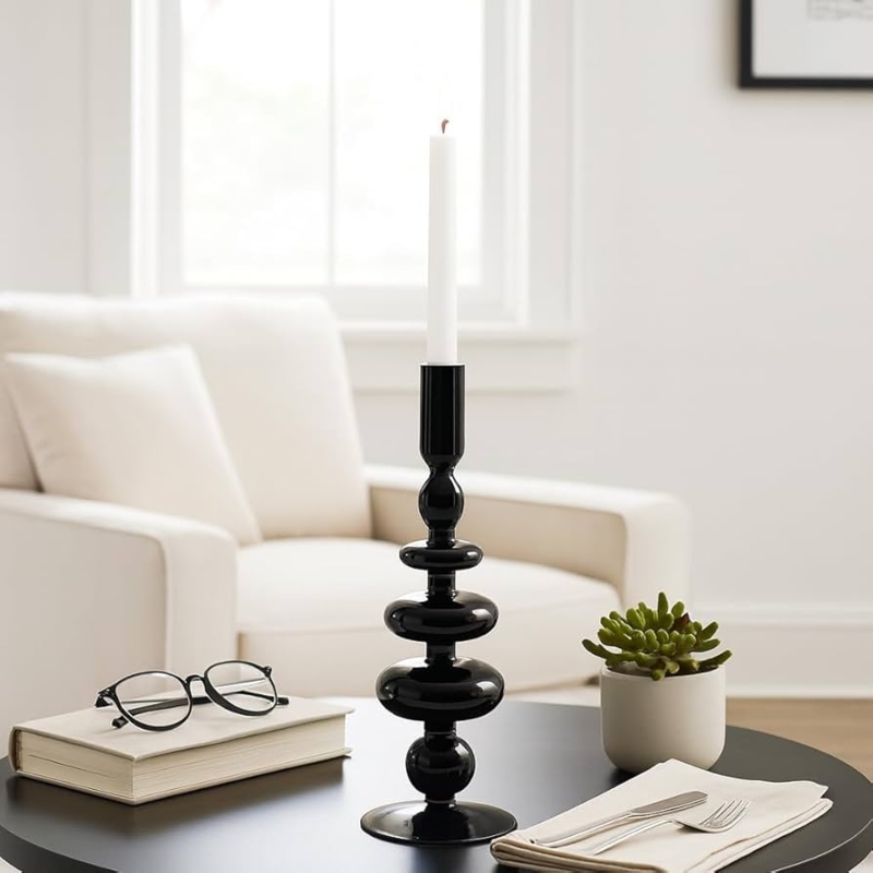 Taper Candle Holder Stacked Spheres Black Glass Sculptural